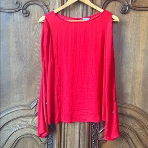 Naked Zebra red long open bell sleeve top with peek a boo shoulders NEW